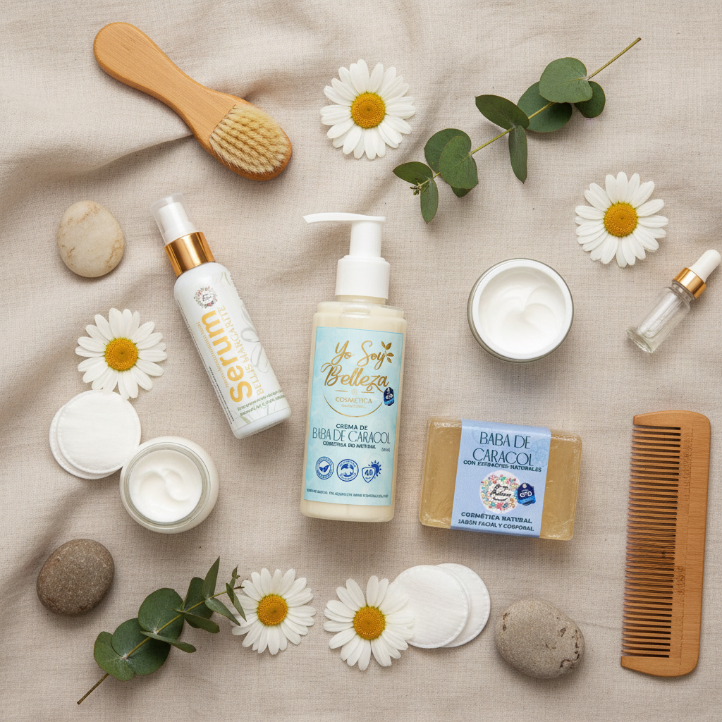 Kit con crema baba caracol flat lay